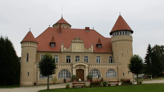 Castle on Water and Medieval Church in Mellenthin